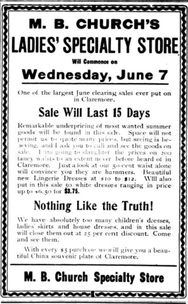 Ad Church MB AD China souvenir plate of Claremore June 2 1911 Rogers County Leader p 4 close